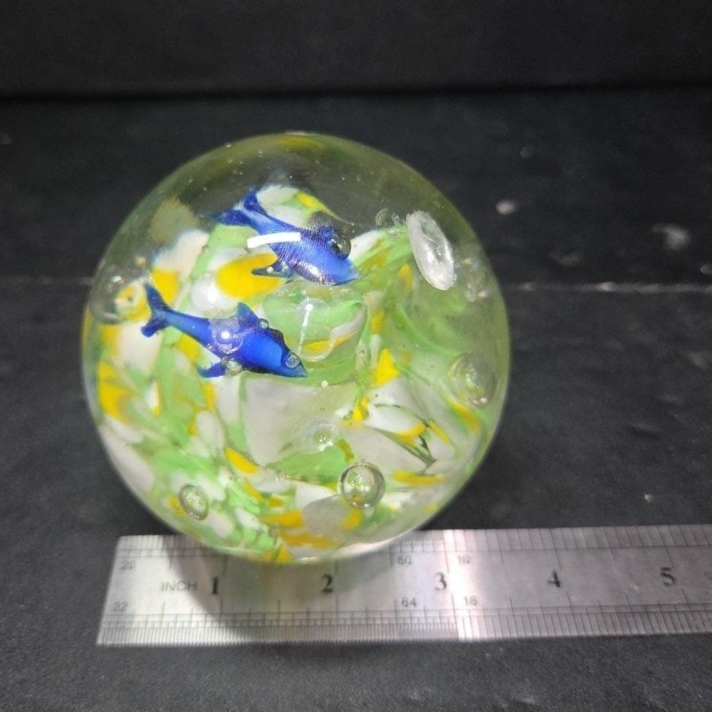 Dolphin with Green Yellow Waves Round Paperweight, Controlled Bubbles Sculpture - Picture 11 of 11